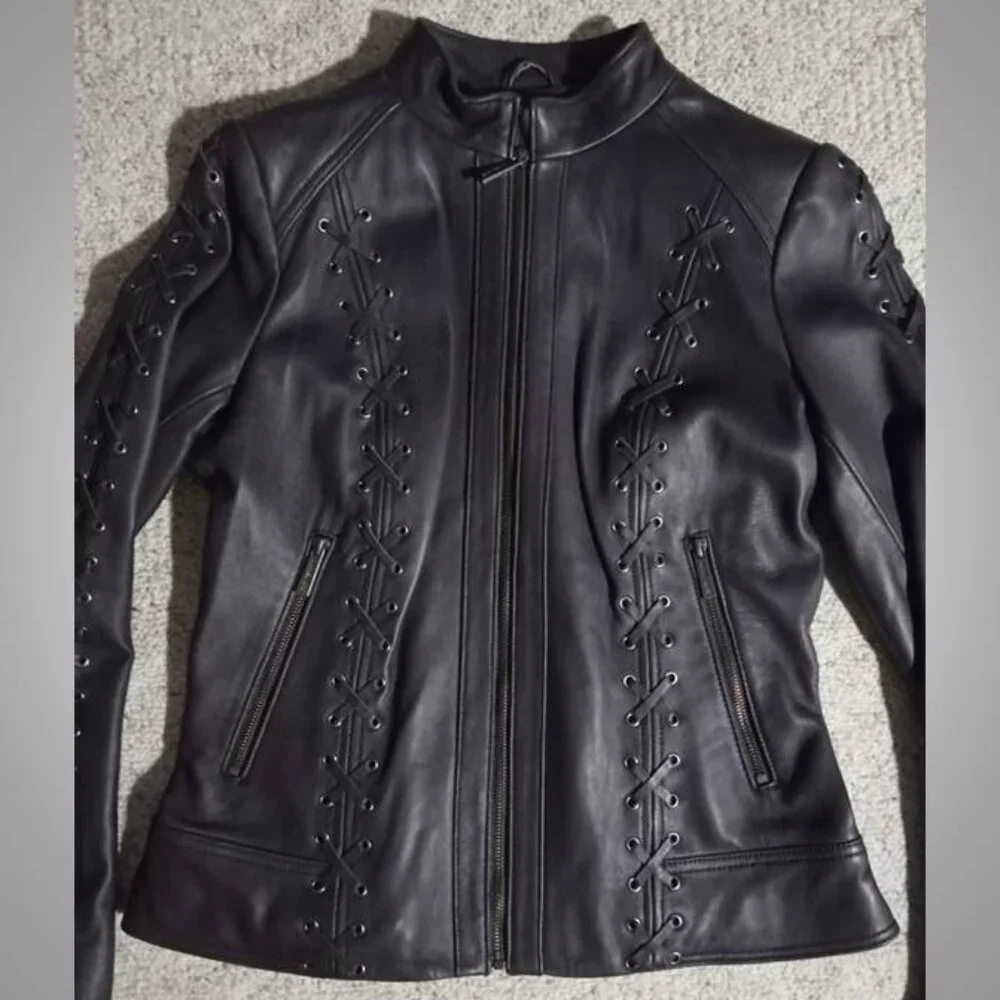 stunning! Michael Kors purple LEATHER jacket Coat size medium moto style